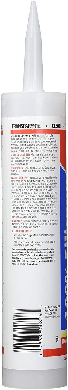 Red Devil 0826 100% selante de silicone para uso interno e externo, 9,8 oz. CLARO